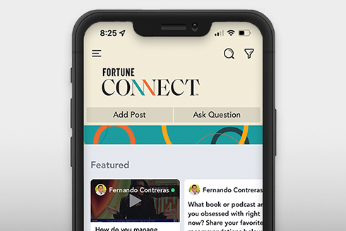 Photo of a mobile device, displaying the Fortune Connect mobile app