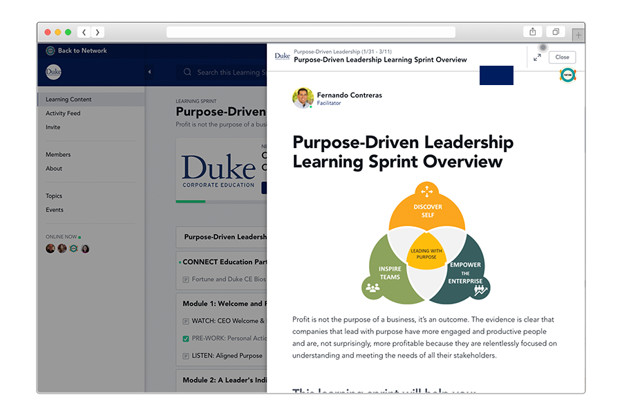 Screen shot from Fortune Connect of Learning Sprint on Purpose-Driven Leadership